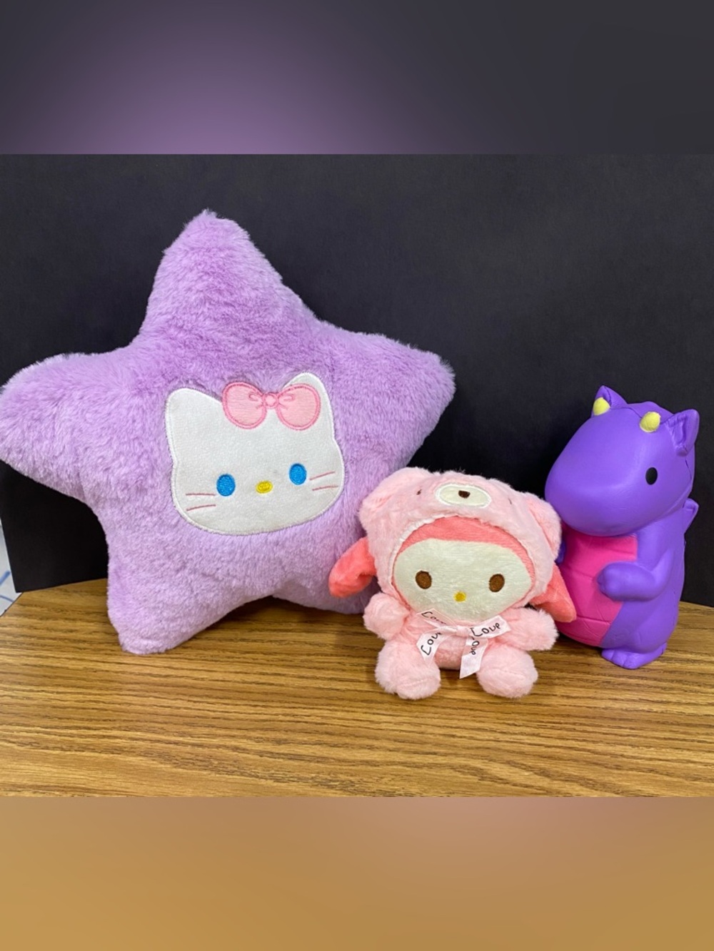 Hello Kitty Set: Purple Star Plush Pillow, Keychain, and Purple Dragon Squishie